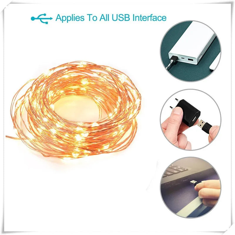 Fairy Lights Led Garland Holiday String Light Wire DIY 2M 10M USB Battery Powered Outdoor Cooper Christmas Wedding Party Decor