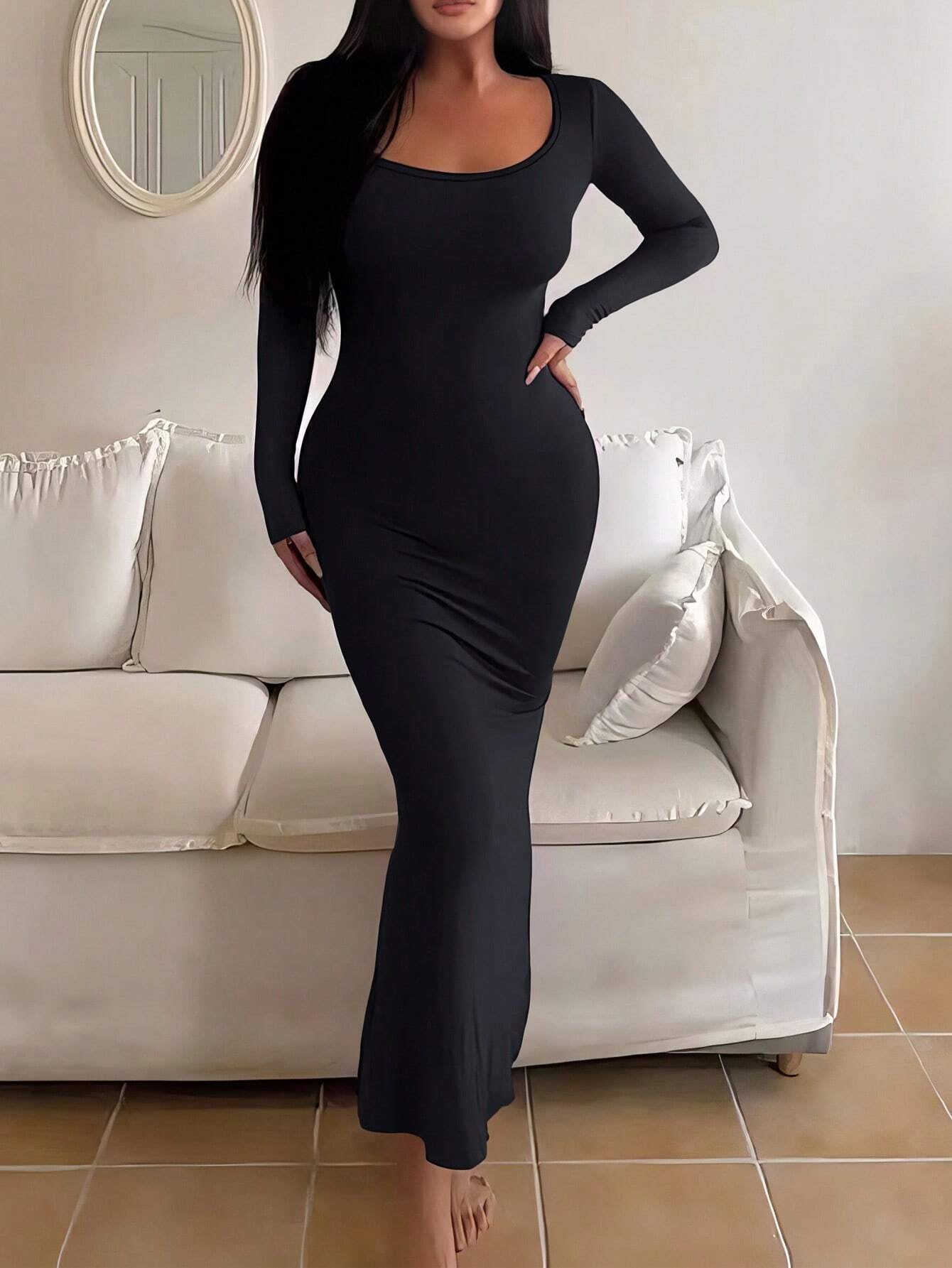 INAWLY Solva Solid Scoop Neck Bodycon Dress
