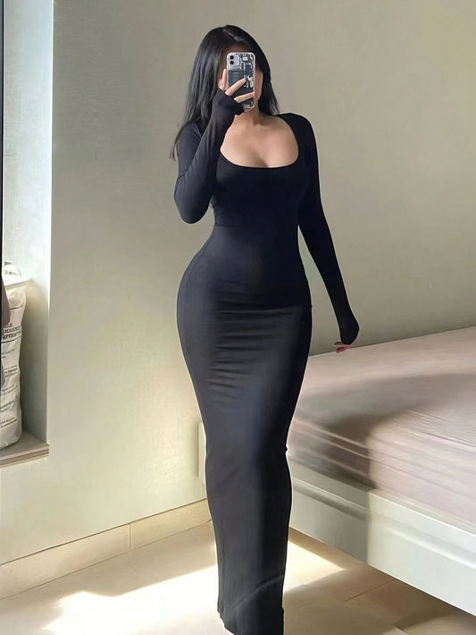 INAWLY Solva Solid Scoop Neck Bodycon Dress